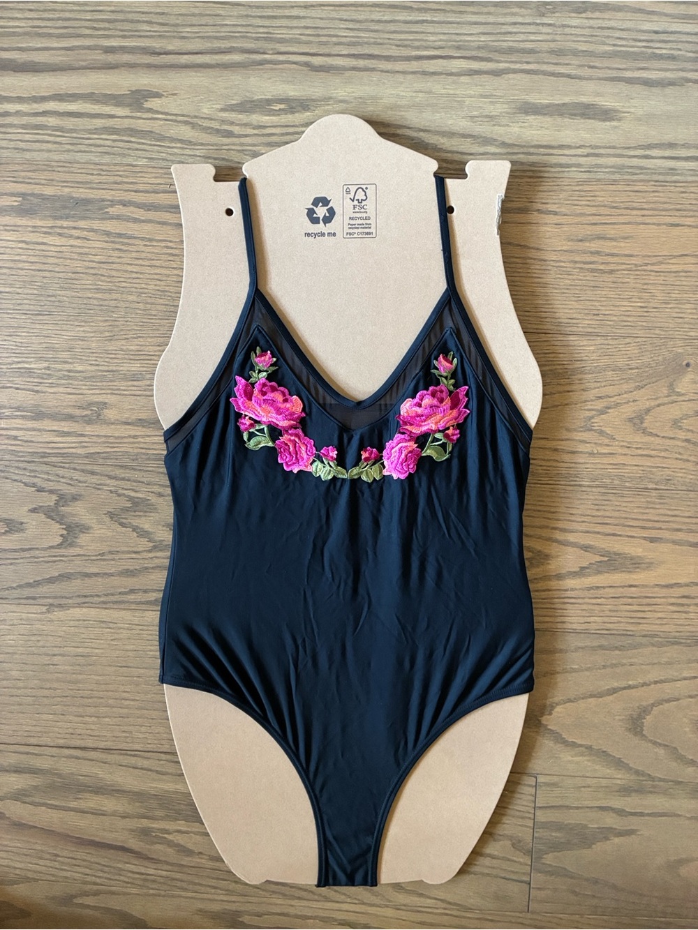 Xhilaration Black One-Piece Swimsuit with Rose Pink Floral Embroidery